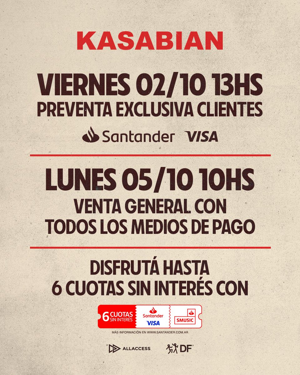 dfallaccess's tweet photo. KASABIAN VUELVE A ARGENTINA 💥

La banda que redefinió el indie rock británico vuelve para demostrar por qué Buenos Aires es, según ellos mismos, "uno de los mejores lugares del mundo para tocar".  🇦🇷

📍23 de marzo 2027, C Art Media.

Preventa exclusiva @Santander_Ar @VisaArgentina : viernes 2 de octubre, 13 hs.

Venta general con todos los medios de pago: lunes 5 de octubre, 13 hs.

Conseguí tus tickets en hasta 6 cuotas sin interés con tarjetas Santander VISA únicamente a través de https://t.co/YvSTd47SMM