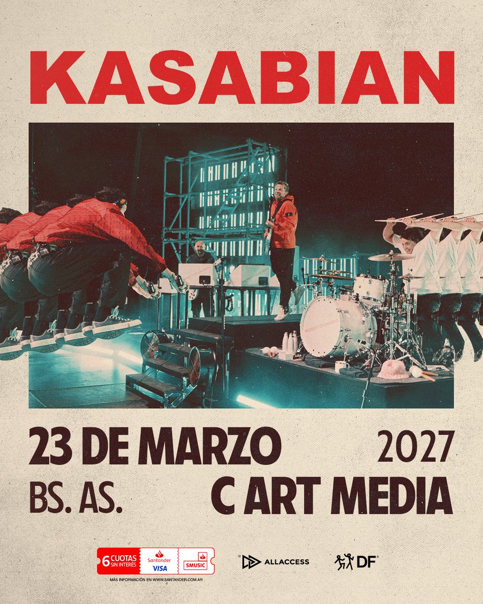 dfallaccess's tweet photo. KASABIAN VUELVE A ARGENTINA 💥

La banda que redefinió el indie rock británico vuelve para demostrar por qué Buenos Aires es, según ellos mismos, "uno de los mejores lugares del mundo para tocar".  🇦🇷

📍23 de marzo 2027, C Art Media.

Preventa exclusiva @Santander_Ar @VisaArgentina : viernes 2 de octubre, 13 hs.

Venta general con todos los medios de pago: lunes 5 de octubre, 13 hs.

Conseguí tus tickets en hasta 6 cuotas sin interés con tarjetas Santander VISA únicamente a través de https://t.co/YvSTd47SMM