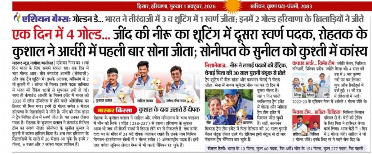 TheRajanRao's tweet photo. एशियन गेम्स में स्वर्णिम निशाना लगाने वाली जींद की बेटी नीरू, तीरंदाजी में कमाल करने वाले रोहतक के कुशल और कुश्ती में तिरंगा लहराने वाले सुनील मलिक को बहुत-बहुत बधाई। हरियाणा की मिट्टी और हमारे धाकड़ खिलाड़ियों के जज्बे पर पूरे देश को नाज है।
#HaryanaSports #GoldMedal #Cheer4Bharat #Wrestling