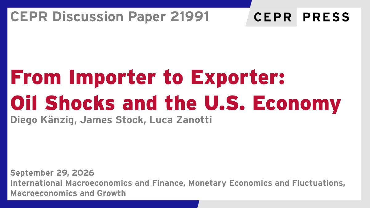 cepr_org's tweet photo. New CEPR Discussion Paper - DP21991
From Importer to Exporter: Oil Shocks and the U.S. Economy
@drkaenzig @NUEconomics @NorthwesternU, James Stock @Harvard, Luca Zanotti @NUEconomics @NorthwesternU
https://t.co/S5rrL4d9Vc
#CEPR_IMF #CEPR_MEF #CEPR_MG #EconTwitter https://t.co/HcC3fs36kD