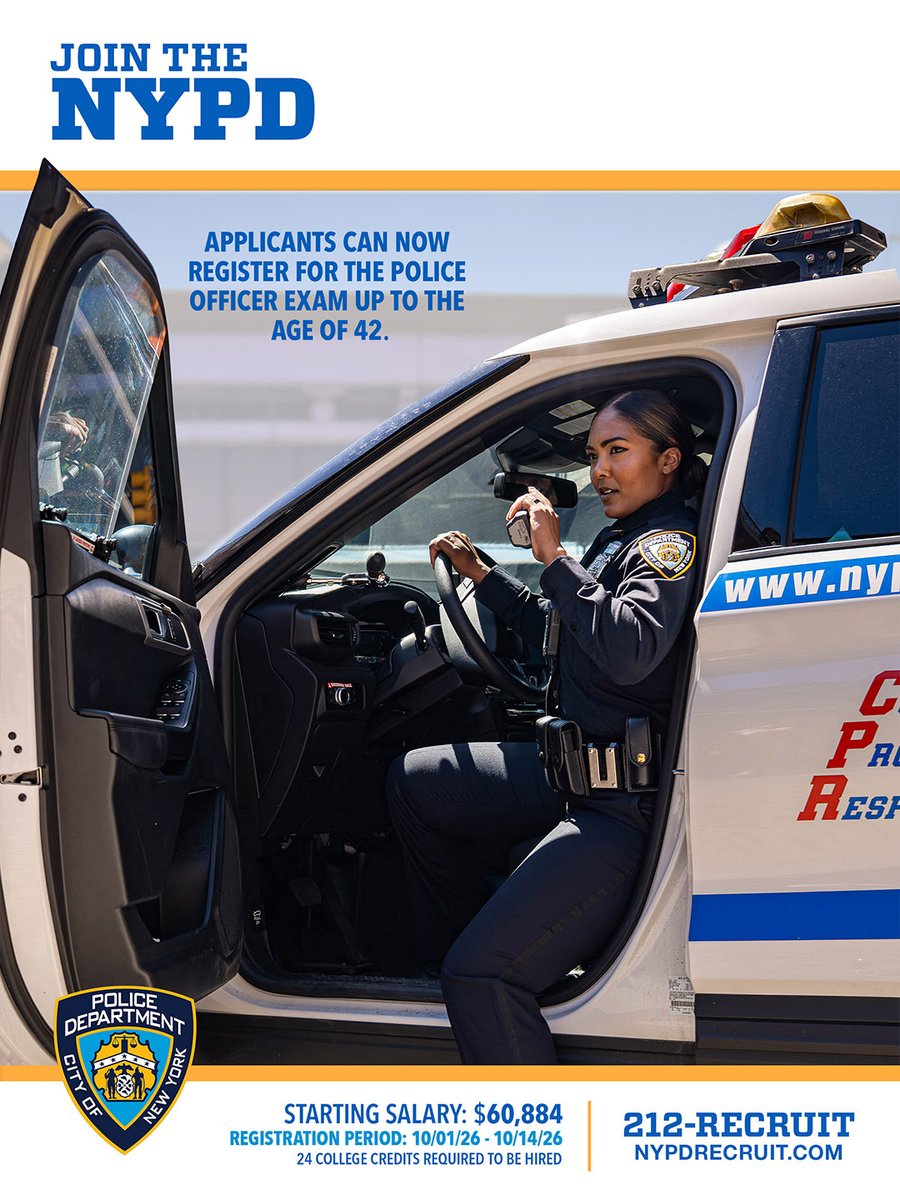 NYPDnews's tweet photo. The Police Officer Exam registration period is open until October 14th.

Answer the call to serve New York City, protect its people, and make a difference.

The exam is free! Visit https://t.co/Q01EXPLvXy to register now! https://t.co/Kll1J4RYio