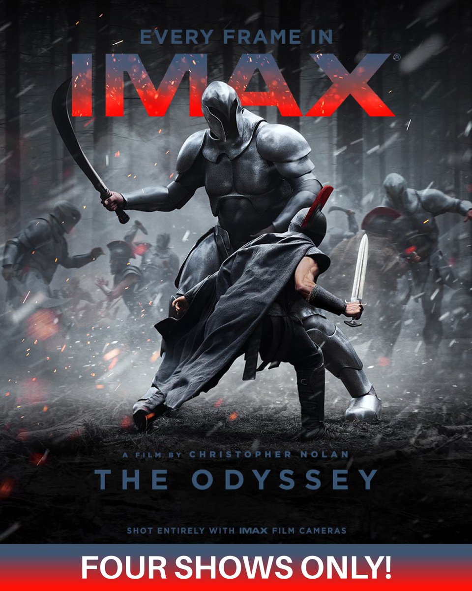 ScienceNorth's tweet photo. THE WAIT IS OVER! The Odyssey is coming to Science North IMAX®!

Christopher Nolan filmed The Odyssey entirely with IMAX film cameras, and we’re showing it in the 1.43:1 expanded aspect ratio on our five-storey IMAX screen.
 
You only have FOUR chances to see it:
October 9 | 6pm
October 16 | 6pm
October 17 | 6pm
October 18 | 3pm

If you’ve been waiting to watch The Odyssey in IMAX, NOW is the time!  👀
🎟️ https://t.co/QiiXffx1AI