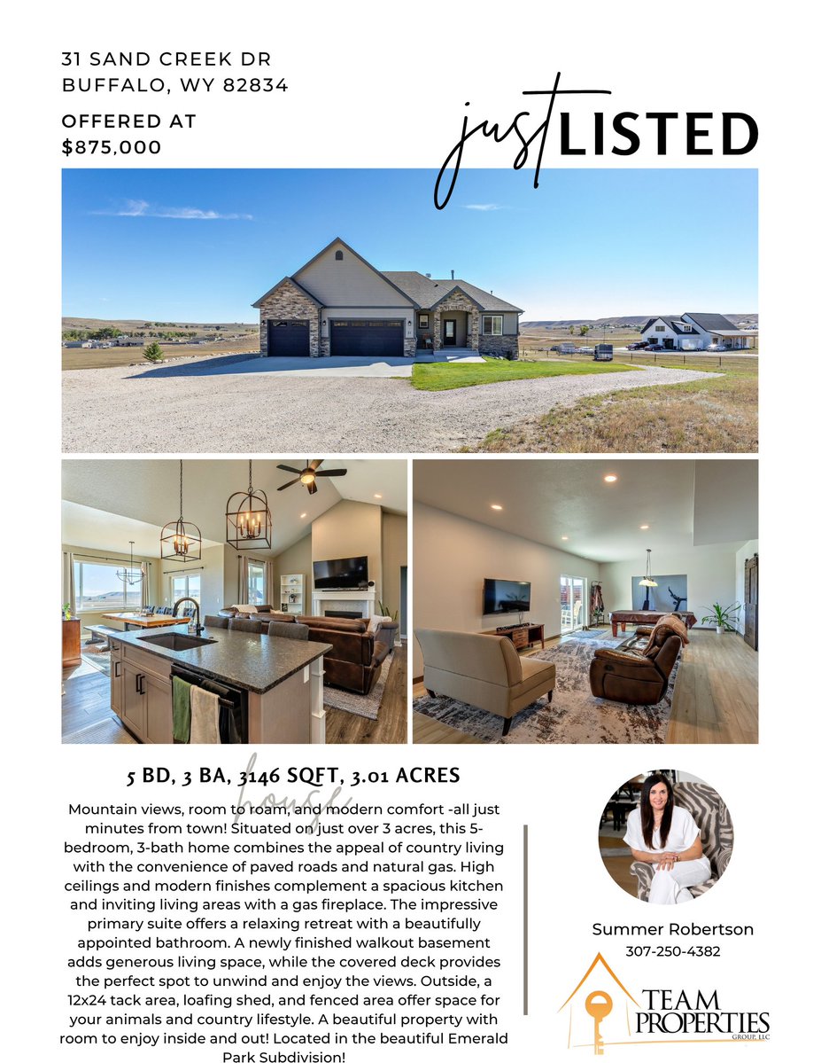 SRteamTPG's tweet photo. 💥𝓙𝓾𝓼𝓽 𝗟𝗜𝗦𝗧𝗘𝗗💥Modern comfort, mountain views, &amp; room to roam! Don't miss 31 Sand Creek Dr in Buffalo, WY 👉 https://t.co/mrL1ErQ7R0

Call Summer Robertson at Team Properties Group LLC for your showing📲307.250.4382 #homesforsaleinbuffalowy #executivehome https://t.co/PxjEVMTEmx