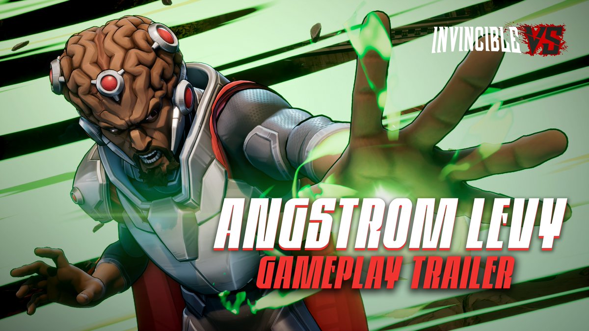 The image is a promotional thumbnail for "Invincible VS" featuring Angstrom Levy, whose brain-exposed head is visible as he channels glowing green energy from his outstretched hand. The text reads "ANGSTROM LEVY GAMEPLAY TRAILER" with the "INVINCIBLE VS" logo in the top right, announcing his arrival as a playable character in Season 2 on October 13th.