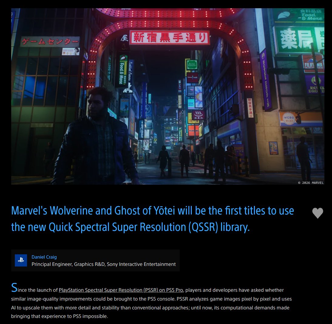 Wario64's tweet photo. AI upscaling - Quick Spectral Super Resolution (QSSR) - is coming to PS5

Marvel's Wolverine and Ghost of Yōtei are the first titles to use QSSR, patches coming today

https://t.co/7CUYy7KrgE https://t.co/DSPAgjTsQy
