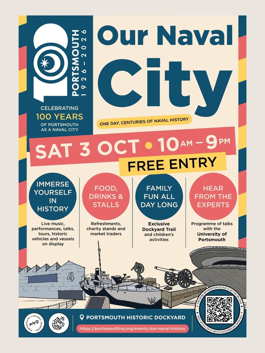 PortsmouthHQ's tweet photo. ⚓ THIS SATURDAY! Portsmouth 100: Our Naval City Festival

The countdown is over! This Saturday, we’re joining forces with @maryrosemuseum and @portsmouthcitycouncil for a site-wide celebration of the people, places and stories that have shaped our naval city.

🎶 Live music & performances
🚢 Historic vessels & vehicles
🎤 Fascinating talks with @portsmouthuni
👨‍👩‍👧‍👦 Family activities
👣 Portsmouth 100 Dockyard Trail
🦁 45 Portsmouth 100 Lions to discover
🍴 Food, drink, markets & more!

📅 Saturday 3rd October
🕙 10am–9pm
🎟️ FREE ENTRY

🎺 ROYAL NAVY HMS NELSON ROYAL NAVAL VOLUNTEER BAND

Want to see the HMS Nelson Royal Naval Volunteer Band? Head to the link in our bio, click “Check availability” on the Eventbrite page, then select your preferred time to see and book the available band tickets.

EVENT PARTNERS & GUESTS

@portsmouthcitycouncil
@maryrosemuseum
@rnrmcharity
@veteransoutreachsupport
@anchoring.minds
Chris Terrill
David Griffiths – Coastal Motor Boat Project
HMS Nelson Royal Naval Volunteer Band
Royal Navy Pipe Band Association
Solent Shanty Buoys & Portsmouth Shantymen
@lovesouthsea
Rob Driscoll – Naval-themed balloon art
St John Ambulance
@pompey_pals_charity
portsmouthprideuk
aggiewestons

…and many more joining us across the site!

⚓ See you this Saturday!

#Portsmouth100 #PortsmouthHistoricQuarter #ThingsToDoInPortsmouth #Portsmouth
