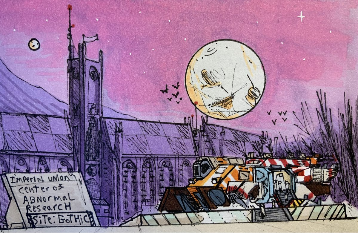 Lambdafallout12's tweet photo. [Gothic Site-Shuttlecraft Landing]
An Imperial Union Shuttlecraft delivering researchers &amp; new Personnel to a Former Gothic-Palace Turned Research site for the Union’s “Centre of Abnormal Research” Division, All lit under the light of this planets unusually Spooky Moon. https://t.co/a0Ad0SncbD