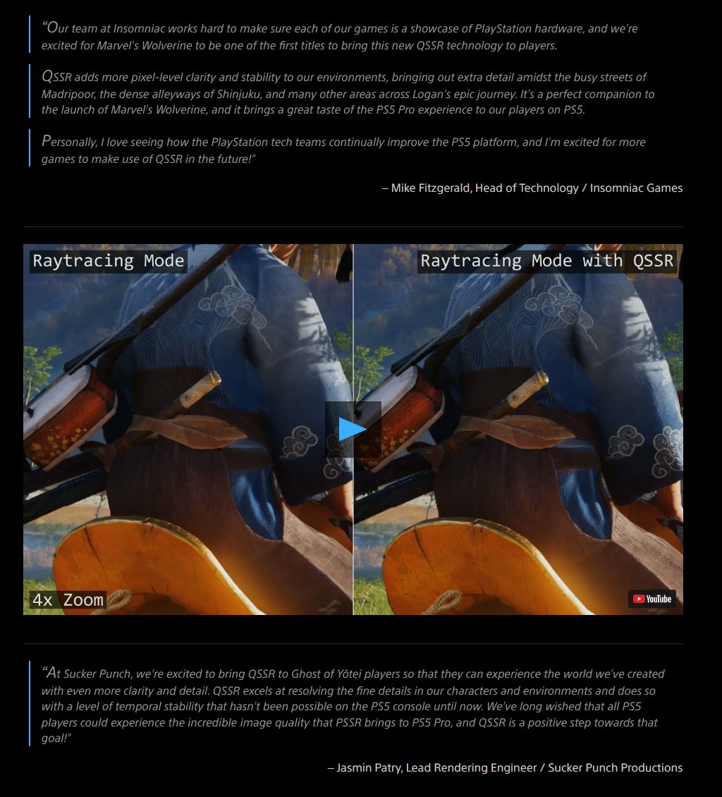 Wario64's tweet photo. AI upscaling - Quick Spectral Super Resolution (QSSR) - is coming to PS5

Marvel's Wolverine and Ghost of Yōtei are the first titles to use QSSR, patches coming today

https://t.co/7CUYy7KrgE https://t.co/DSPAgjTsQy