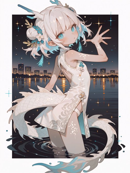 An anime girl featuring dragon horns, white hair, and a scaly tail stands in water against a nighttime cityscape, wearing an elegant white dress with floral accents. The image accompanies a "GM" (Good Morning) post, with the serene yet mystical scene setting a peaceful, whimsical tone to greet viewers.