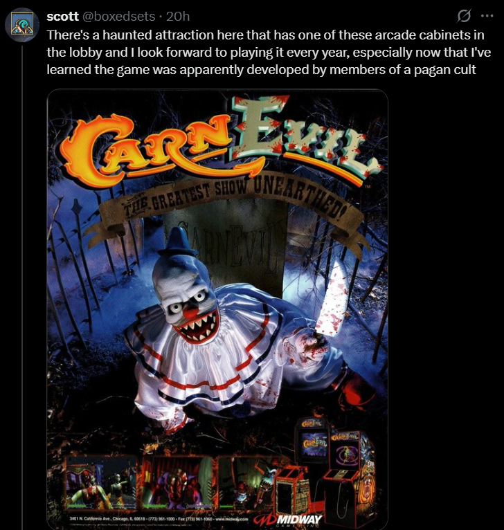 arcadeheroes's tweet photo. In case this lie pops up on your feed, no, no one involved with developing CarnEvil was a part of "a pagan cult"

h/t @ArcadePosting https://t.co/mqdEmPCtay