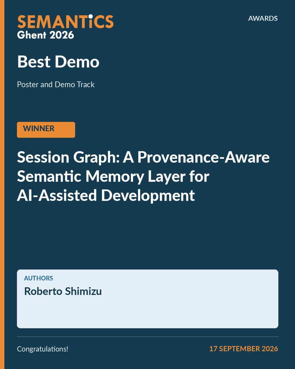 SemanticsConf's tweet photo. Looking back at #SEMANTiCS2026: a demo worth celebrating! 🏆

Congratulations to Session Graph, our Best Demo winner, and all the nominated teams.

Meet the authors below. 👇

1/5 https://t.co/ffMQVk0pLx