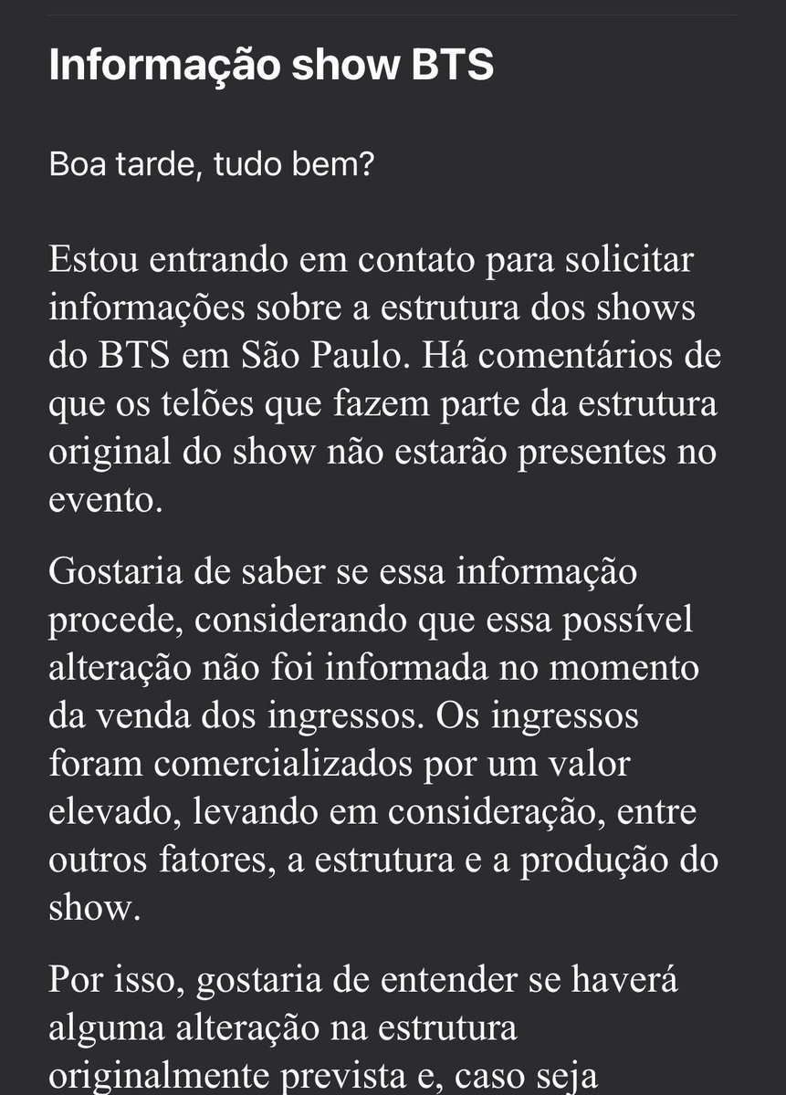 snowinlisbon's tweet photo. ao invés de criar caos no twitter, eu recomendo mandar um email pro sac da live nation pedindo informações sobre a estrutura, visto que eles são os produtores da tour no br

email: SuporteLiveNationBrasil@gmail.com https://t.co/AJVpwcBehh