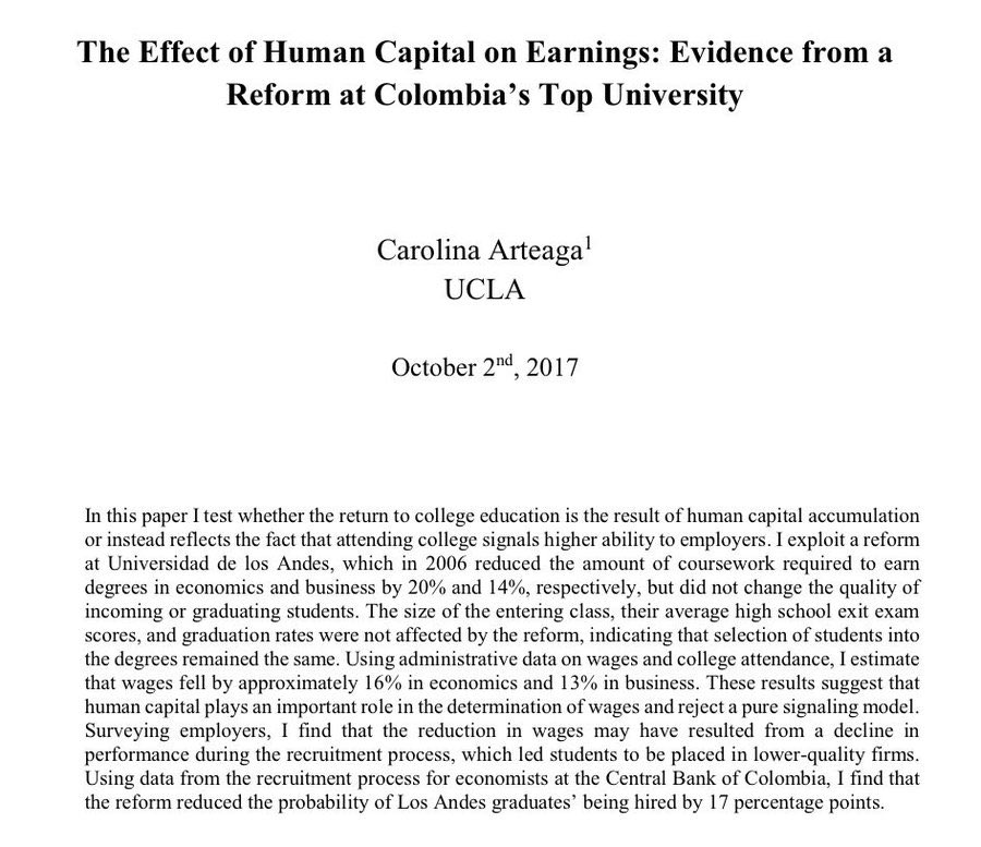 sanz_ismael's tweet photo. Reducir la carga académica (menos cursos y menos horas de formación) en una universidad top de Colombia bajó los salarios de sus egresados (−16% en economía, −13% en empresa). 📉 Evidencia de que el capital humano sí importa. Un experimento natural muestra que menos formación (menos clases y menor duración del programa) → peor desempeño en reclutamiento y menor acceso a empresas top. 🎓➡️💼 El aprendizaje adquirido, no solo el título, es clave. https://t.co/zFkZg1iwK4
