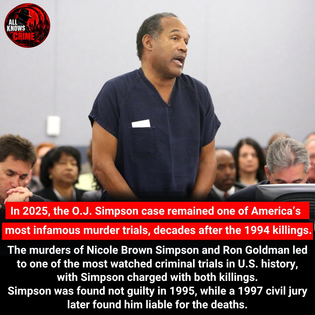 AllKnowsCrime's tweet photo. The O.J. Simpson Case

On June 12, 1994, Nicole Brown Simpson and Ron Goldman were found stabbed to death in Los Angeles. O.J. Simpson was charged and the trial became a global media spectacle. In 1997 a civil jury found him liable and awarded the victims’ families $33.5 million. https://t.co/pVDqU61EgH