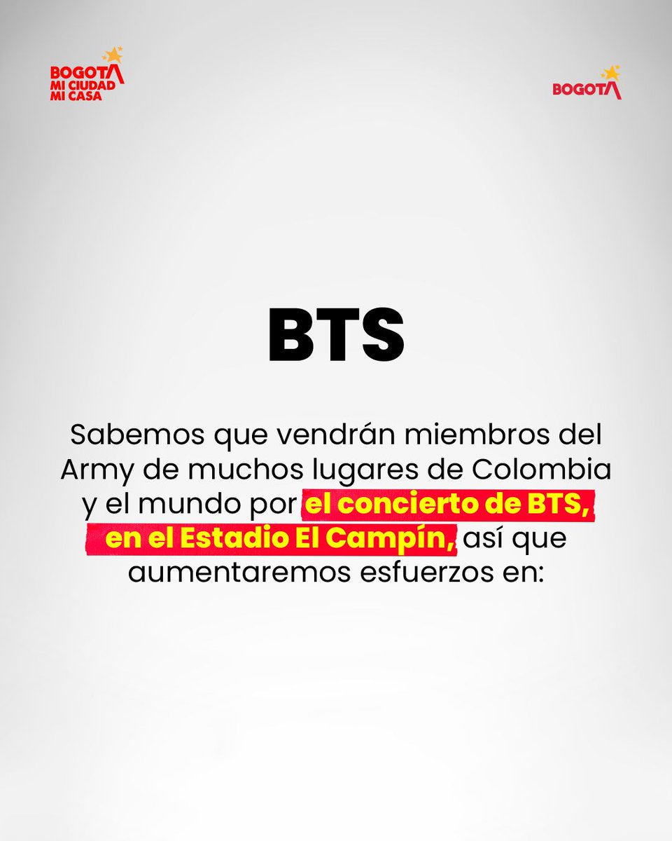 Uaesp's tweet photo. ARMY, Bogotá también quiere que este concierto deje un recuerdo inolvidable.

Para la llegada de BTS al Campín reforzaremos la limpieza, los puntos para disponer residuos, el trabajo con recicladores de oficio y el monitoreo del alumbrado en los alrededores.

🧵👇 https://t.co/qujJaPXVut