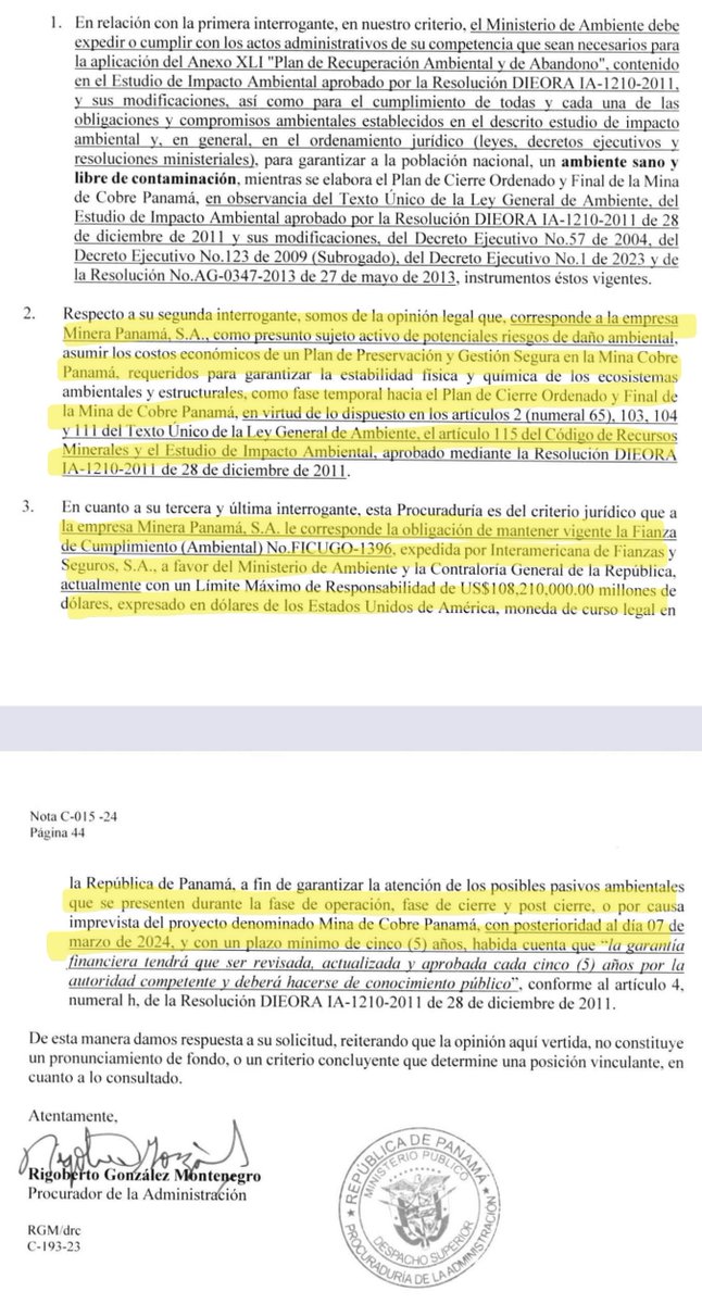 R_RuizDiaz's tweet photo. Para recordar la opinion de la @ProcuadmonPma sobre a quien corresponde el pago del cierre de la mina. Y en adicion que la fianza de 108 millones se debe mantener vigente. 
¿Por cierto esa fianza esta vigente @MICIPMA ? https://t.co/PcoQn1cuBf