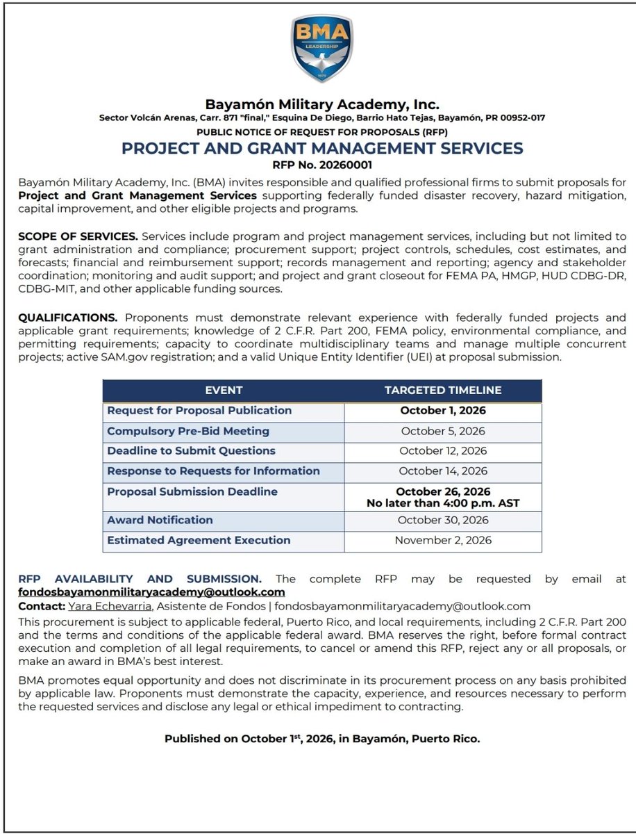 Cor3pr's tweet photo. 🔊 ¡Solicitud de propuestas! La Bayamón Military Academy, Inc. (BMA) invita a firmas profesionales cualificadas a presentar propuestas para ofrecer servicios de Project and Grant Management.

⬇️ Aquí más detalles. https://t.co/Oba3cwkzyM