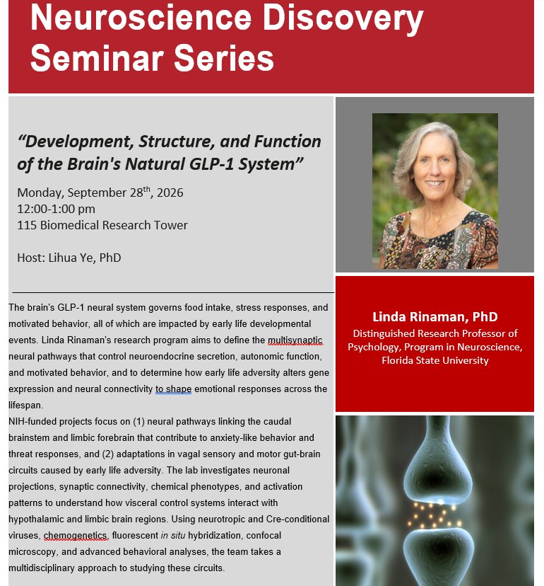 OSUNeuroscience's tweet photo. Thank you to Dr. Linda Rinaman,PhD for visiting and presenting as part of our Neuroscience Discovery Seminar Series. We were pleased to welcome her and learn more about her research on the Brain’s natural GLP-1 system. #Neuroscience #NDSS https://t.co/bm0unGrL05