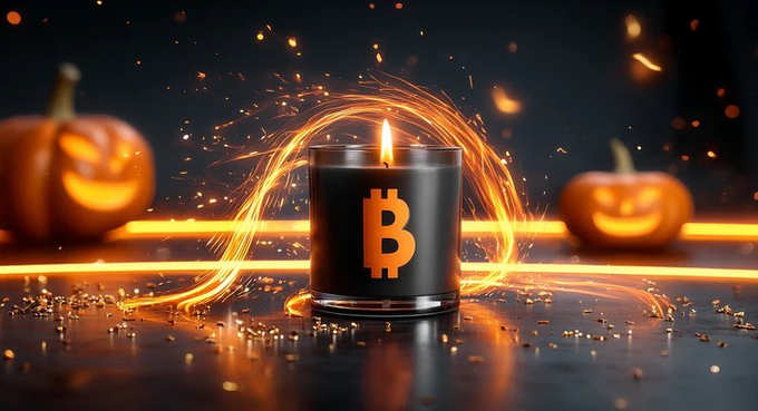 A black candle featuring the Bitcoin "₿" logo burns brightly, surrounded by swirling orange sparks and glowing jack-o'-lanterns that capture the spooky yet bullish spirit of "Uptober."