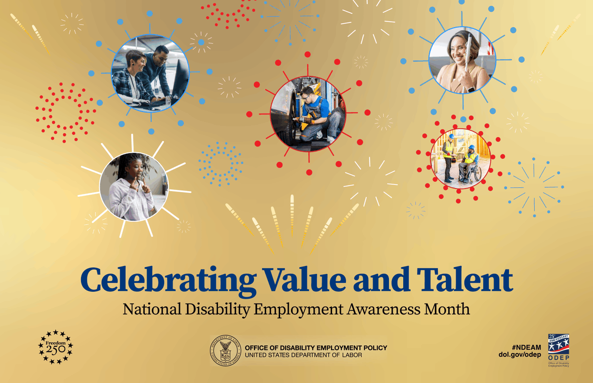 AccessBoard's tweet photo. October is National Disability Employment Awareness Month, an annual recognition of the positive impact of people with disabilities in the American workforce. Learn more about #NDEAM from our friends at @USDOL: https://t.co/hSpJptfgWK https://t.co/iq4m053E0S