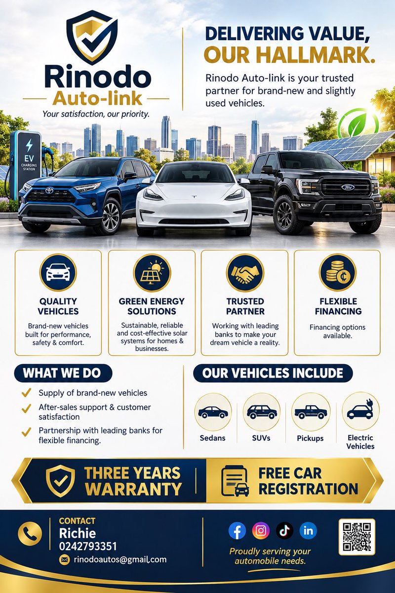 Richmornd's tweet photo. Delivering Value, Our Hallmark.
Your trusted partner for your brand new and slightly used vehicles.
Tel; 0242793351 https://t.co/dauIr1flwk