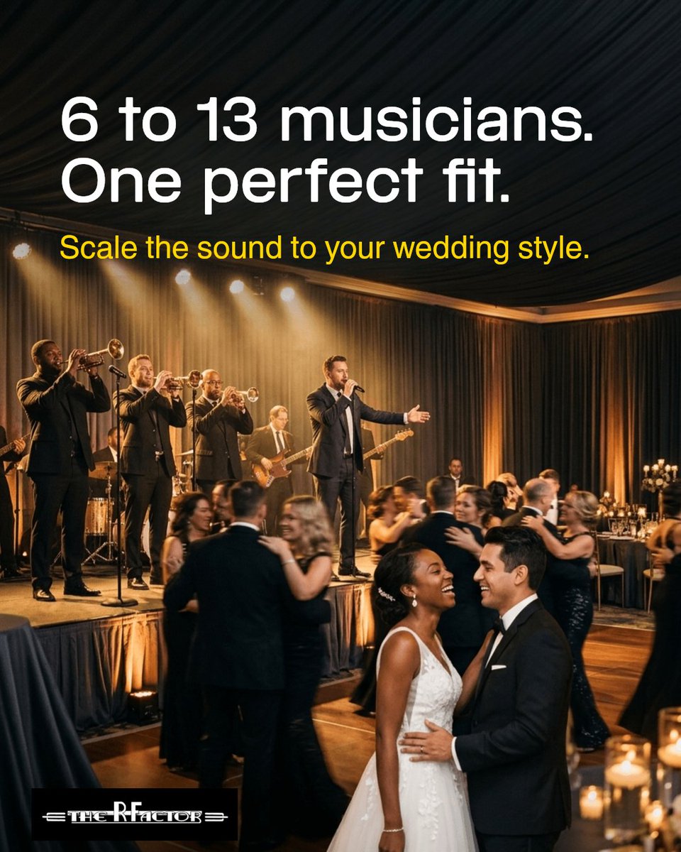 therfactorband's tweet photo. Pick the band size that fits your wedding vibe, from 6 to 13 musicians.

Choose the sound, look, and energy that match your room and crowd. The R Factor keeps it polished either way.

Secure your year-end celebration slot. https://t.co/63PZCFwhrI https://t.co/kzbaKzyHoq