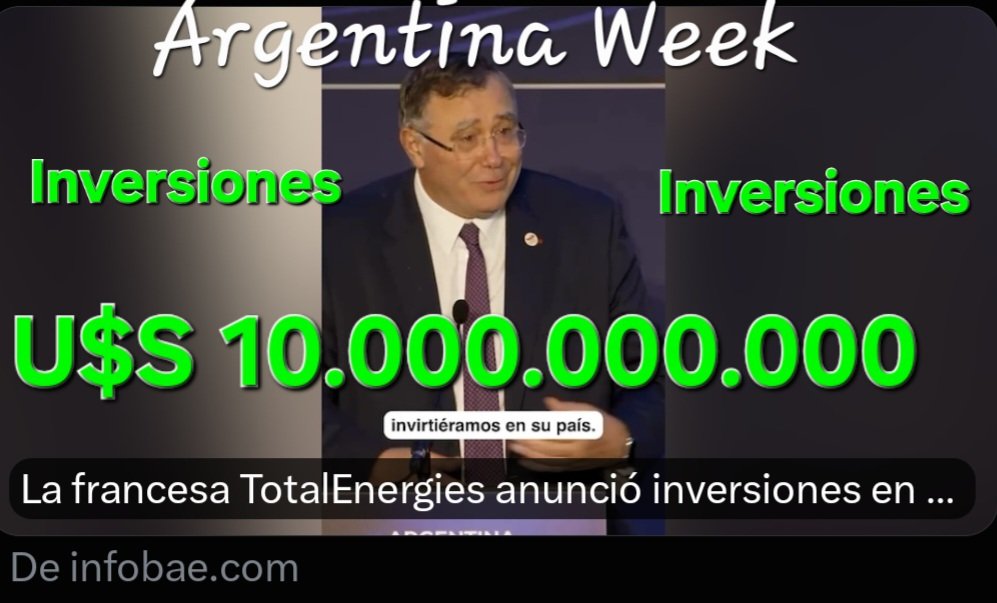 racgris23's tweet photo. #TREMENDO #HISTORICO...Se cae de cul... Ricardo Quintela y se atraganta con #Chachos, por lo que lograron Javier Milei junto a los Gobernadores en la Argentina Week
La Francesa #TotalEnergies invertir casi U$S 10.000 Millones dólares https://t.co/jCah4lS7XD