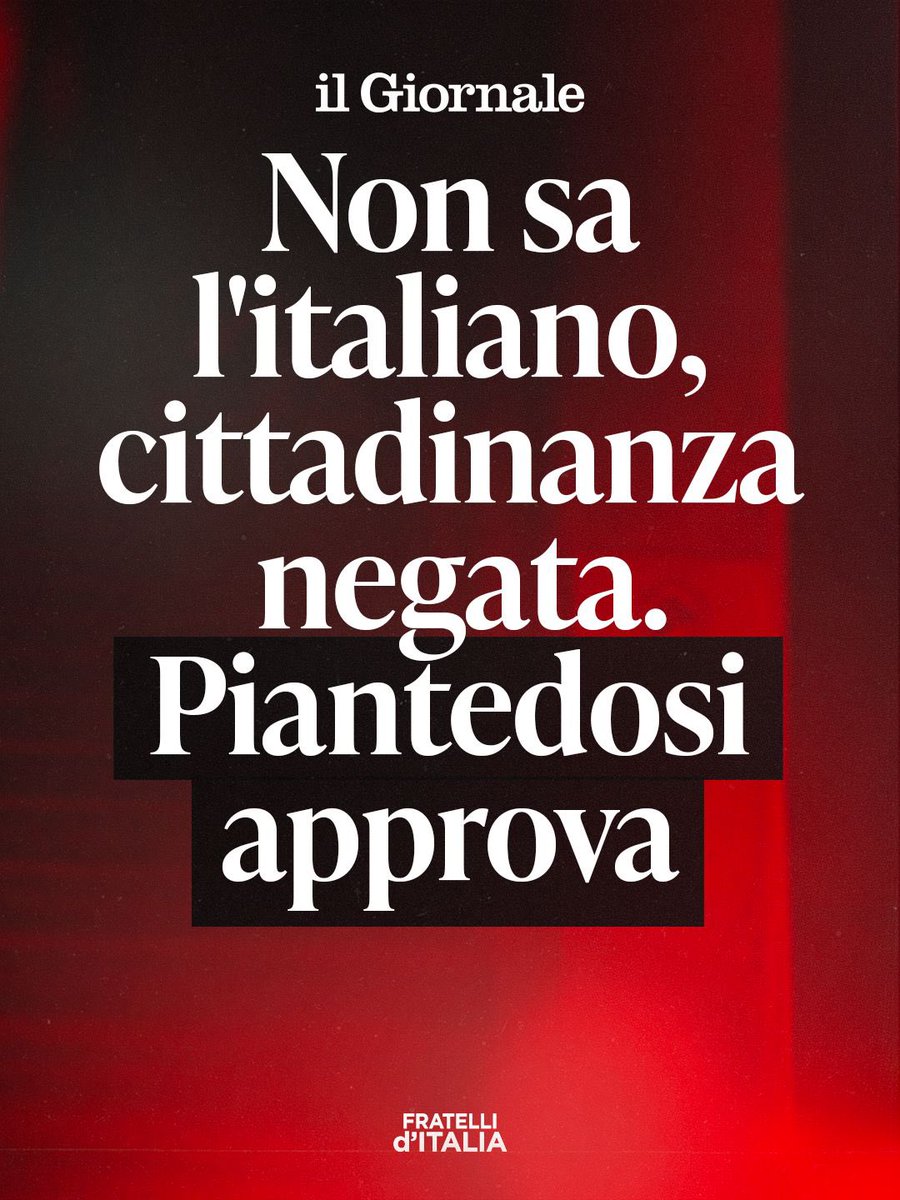 FratellidItalia's tweet photo. C’è chi vorrebbe ridurre l’ottenimento della cittadinanza italiana a un automatismo, svuotandola del suo significato e trasformandola in una semplice pratica da sbrigare.

Bene ha fatto il sindaco di Cadoneghe nei confronti di una donna che, dopo 15 anni in Italia, non riusciva a leggere neppure il giuramento. 

Diventare cittadini italiani non può essere un regalo.