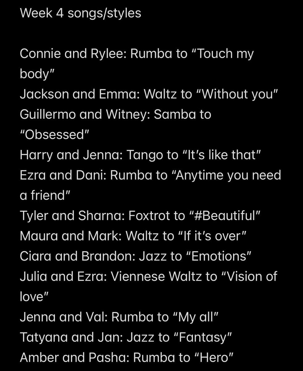 indyxdwts's tweet photo. Week four songs and styles released on the podcast! Sorry if there’s any misspellings 😅 #dwts https://t.co/bXnI20zUkv