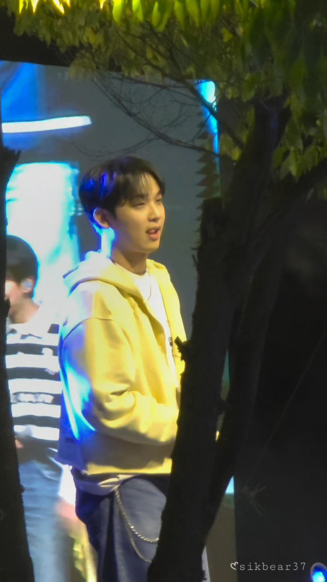 A young man in a yellow hoodie stands outdoors at night among tree branches, with bright blue stage lights illuminating the scene behind him.