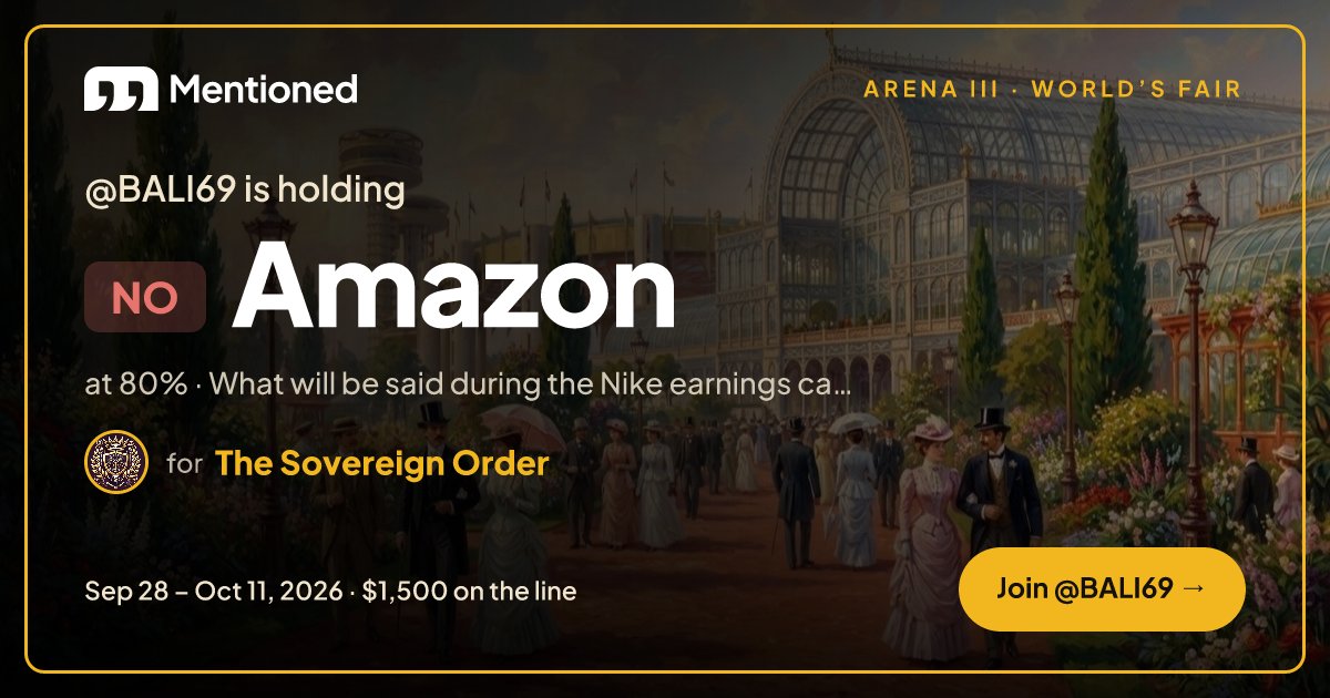 BallRichardz's tweet photo. I'm holding NO on "Amazon" on Mentioned 📈 Predicting what gets said, live 👇 https://t.co/2yu012R77u https://t.co/CkrJqe6xrW