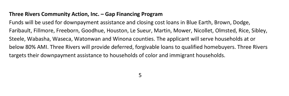 nataliegwinters's tweet photo. Minnesota literally funds a program to help immigrants BUY HOMES with taxpayer dollars.

Up to $18,500 for down payments and closing costs.

Zero interest. Loans that can be forgiven.

The immigrant targeting is explicit. Minnesota Housing’s own 2026 report says Three Rivers Community Action:

“targets their downpayment assistance to households of color and immigrant households.”

That’s the state’s own description of where this homebuying assistance is directed.

The program covers 20 Minnesota counties.

There’s also a documented Somali connection.

A historical case study published by a funder names Somali Community Resettlement Services as one of the organizations that referred clients to Three Rivers for help becoming homeowners.

In December 2025, Minnesota approved another award for the program: $370,500 to help finance 19 home purchases.

The program’s website now says it has run out of funds.