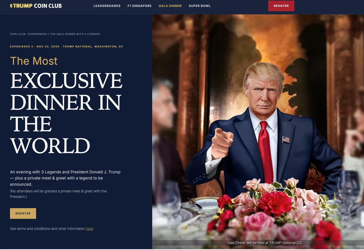 jstein_sun's tweet photo. NEWS: Trump to host "most EXCLUSIVE DINNER IN THE WORLD" for top 185 purchasers of his meme crypto

Buying $1M (or less!) worth of $TRUMP coin should get you in Nov 22

Trump has pocketed $635 million

Investors down +$4 billion on Trump crypto

Invite ⬇️

https://t.co/u8ck5DDR8v https://t.co/ZUnBRCnN9g