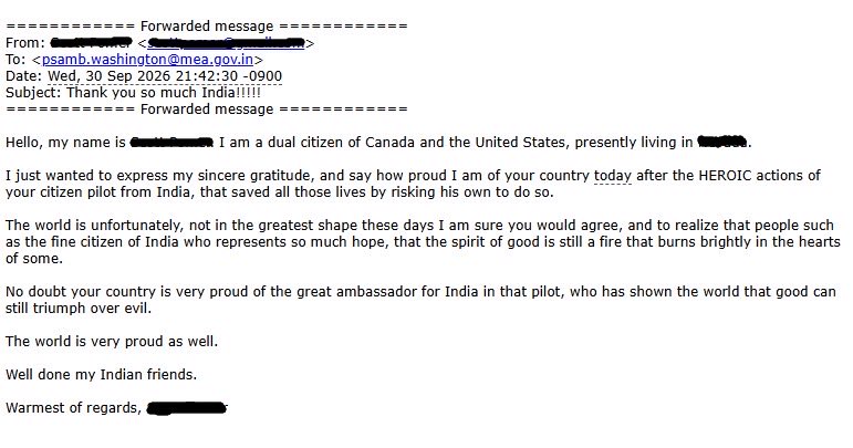 AmbVMKwatra's tweet photo. People continue to send their appreciation and good wishes to Captain Smit Machchhar. We are deeply grateful for every one of these messages and the kindness they carry. https://t.co/w7Kem4m5S4
