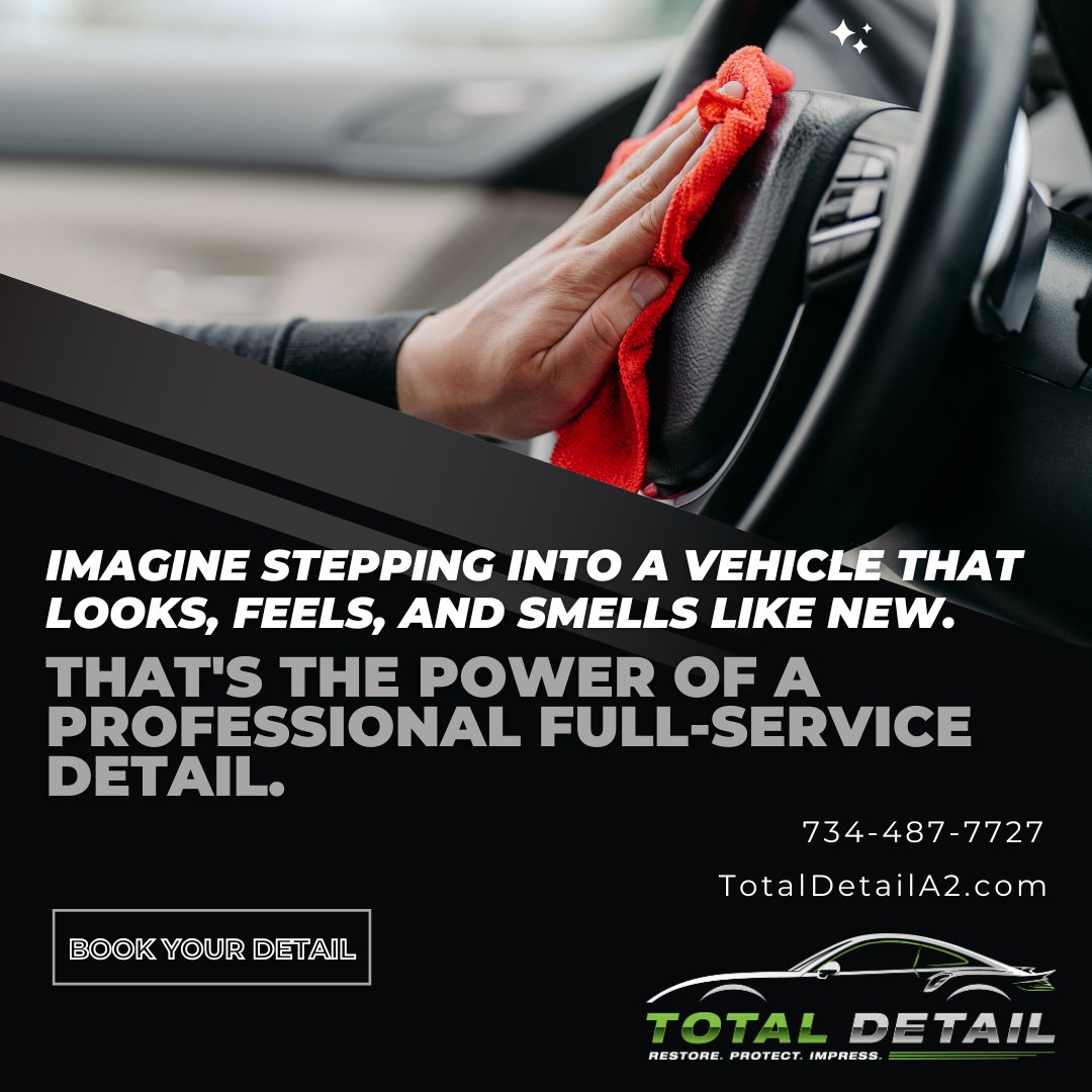 TotalDetailAA's tweet photo. ✨ Imagine stepping into your vehicle that looks, feels, and smells like new. That's the power of a professional full-service detail. Deep-cleaned carpets, spotless surfaces, polished paint, and a fresh interior await. Book your appointment today! https://t.co/Z25h45fSMt https://t.co/jaZB7or8bc