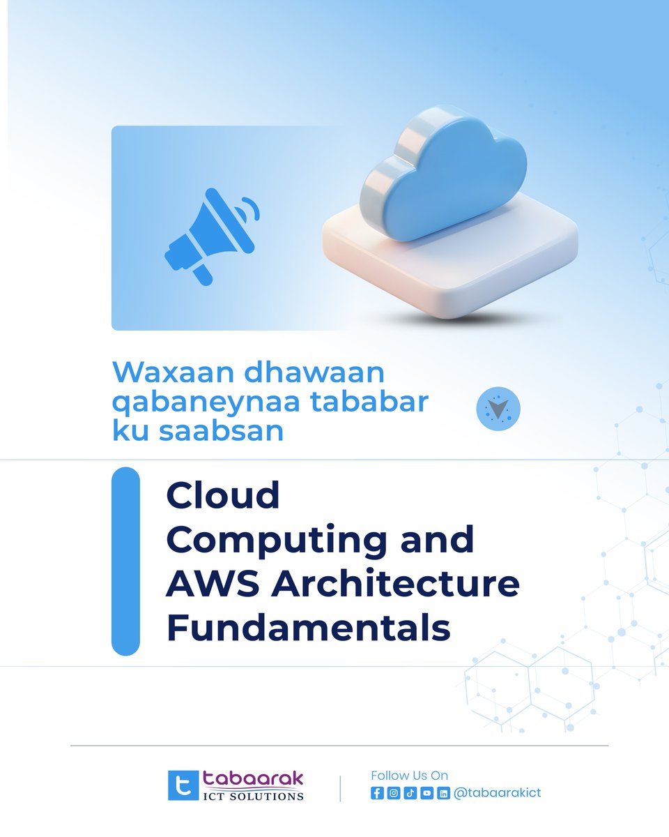 TabaarakICT's tweet photo. In the coming weeks, we will be conducting a training session on 𝐂𝐥𝐨𝐮𝐝 𝐂𝐨𝐦𝐩𝐮𝐭𝐢𝐧𝐠 𝐚𝐧𝐝 𝐀𝐖𝐒 𝐀𝐫𝐜𝐡𝐢𝐭𝐞𝐜𝐭𝐮𝐫𝐞 𝐅𝐮𝐧𝐝𝐚𝐦𝐞𝐧𝐭𝐚𝐥𝐬, focusing on understanding the fundamentals of Cloud Computing and how to build and understand AWS architectures.

If you’re interested in expanding your knowledge and skills in Cloud Computing, stay tuned for more updates!.

 #TabaarakICT  #cloudcomputing  #AWS  #workshop