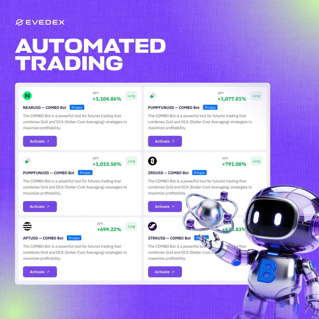 EVEDEX's tweet photo. Automated trading on EVEDEX

Connect EVEDEX to Bitsgap and run futures strategies with COMBO bots.

1. Go to the Bot Marketplace
2. Choose a strategy
3. Connect your EVEDEX account

COMBO bots combine DCA + GRID strategies 👇 https://t.co/vgZe6XGVGl