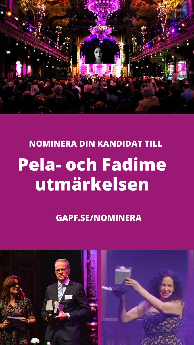 GAPF's tweet photo. Dags att nominera årets kandidat för Pela- och Fadimeutmärkelsen.

✅ Nu kan du nominera din kandidat.

👉 Gå till https://t.co/T5DBSM8lLa

⏳ Skicka in ditt svar senast den 30 oktober.

Tidigare års mottagare är bland andra Astrid Schlytter, Nahid Persson och Sakine Madon. https://t.co/23kot32ua6