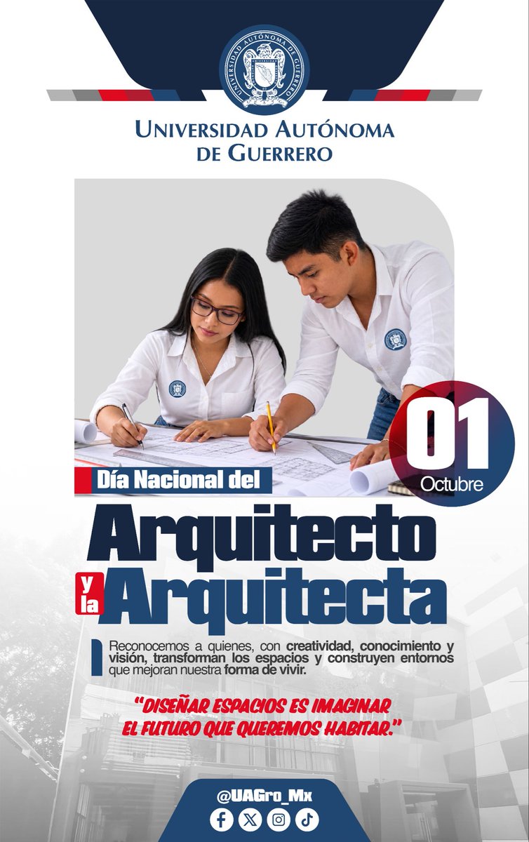 UAGro_MX's tweet photo. Felicitamos a nuestras y nuestros estudiantes de Arquitectura, quienes con creatividad, conocimiento y visión se preparan para transformar espacios y construir nuevas ideas para el futuro. 🦅

#DíaNacionalDeLasYLosArquitectos #Arquitectura #EstudiantesUAGro #UAGro https://t.co/Iib7gC2aHa