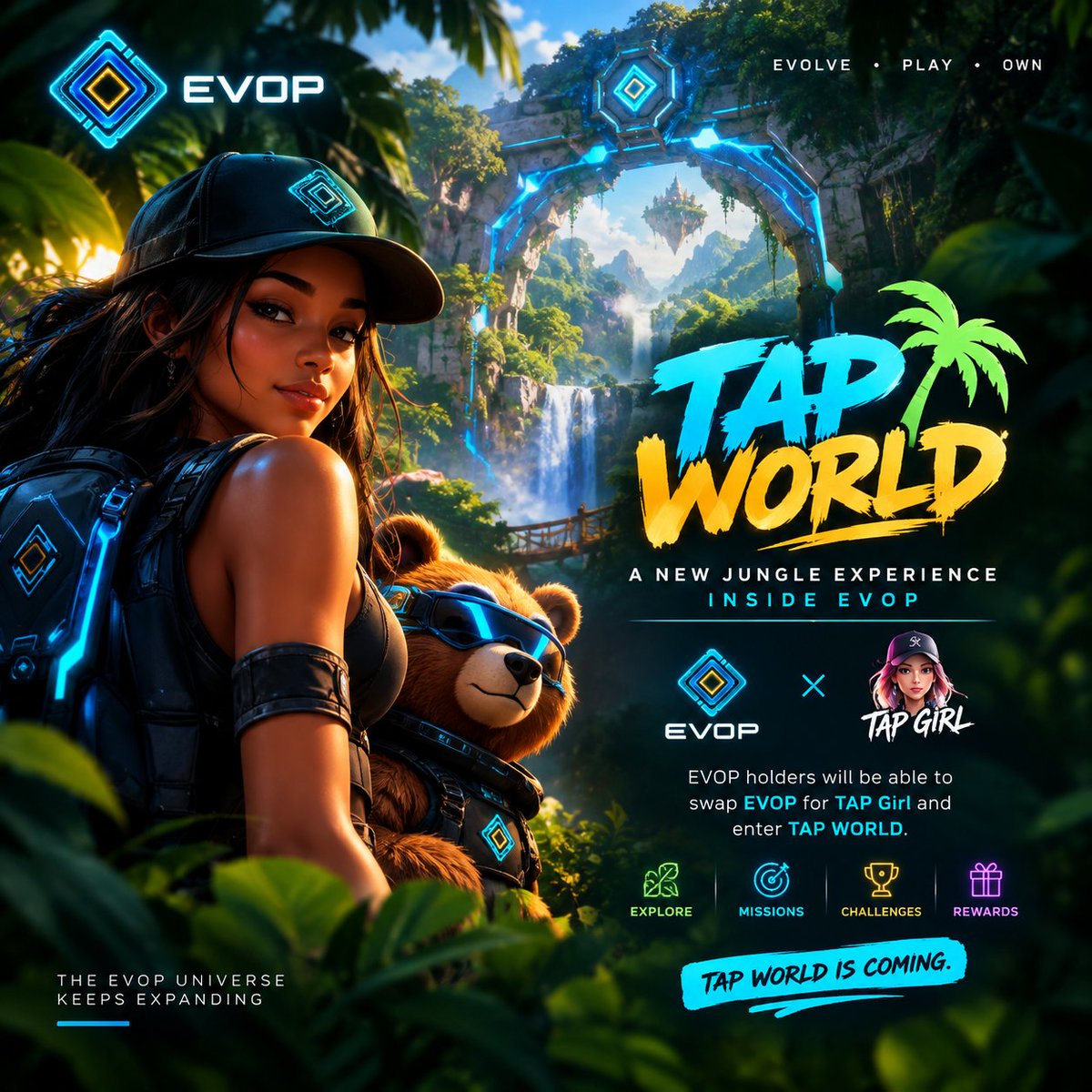 maureensilverr's tweet photo. Something new is taking shape inside EVOP.

TAP WORLD is bringing a whole new jungle experience powered by TAP Girl. 🐻

What caught my attention is the connection between the two ecosystems:

EVOP holders will be able to swap EVOP for TAP Girl and use it to enter TAP WORLD.

From exploring the jungle to taking on missions and challenges, there’ll be plenty to discover  with rewards along the way.

And TAP WORLD is set to have its own economy powered by TAP Girl.

The EVOP universe keeps getting bigger 👀

TAP WORLD IS COMING. 🌴🐻

@EvolveTKN
#EVOP #TAPWORLD #TAPGirl
