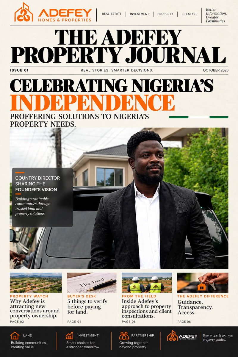 AdefeyProp's tweet photo. The Adefey Property Journal is here. 🧡

Our newsletter on Nigeria's property space, made as we celebrate our independence. Take a look and let us know what you think. 🏡🇳🇬

#AdefeyHomes #journal #realestatenigeria #propertyinvestment https://t.co/aVqwcU2PwN