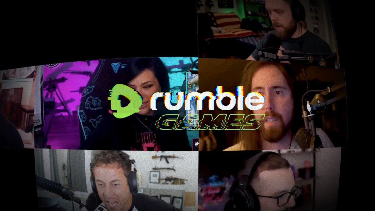 A collage featuring four podcast hosts in separate panels with a glitch-effect 'rumble GAMES' logo and skull graphic overlaid in the center.