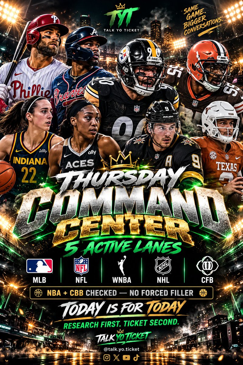 Talk_Yo_Ticket's tweet photo. THURSDAY IS LOADED. π₯
βΎ MLB postseason
π TNF
π WNBA playoffs
π NHL
π CFB
5 active lanes. NBA + CBB checked too β no forced filler.
TODAY IS FOR TODAY.
Research first. Ticket second. π
#TalkYoTicket https://t.co/EzJwjKCmHJ