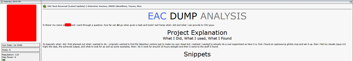 ogisadaDMA's tweet photo. Side: Cheating Scene
AC: Easy Anti-Cheat (EAC)

Cheat developers have started using AI to reverse-engineer anti-cheat updates. 
These analyses reveal detection mechanics, the hardware serial numbers collected after a HWID ban, and the traces anti-cheat leaves on your Windows. https://t.co/sSibfqxaNl