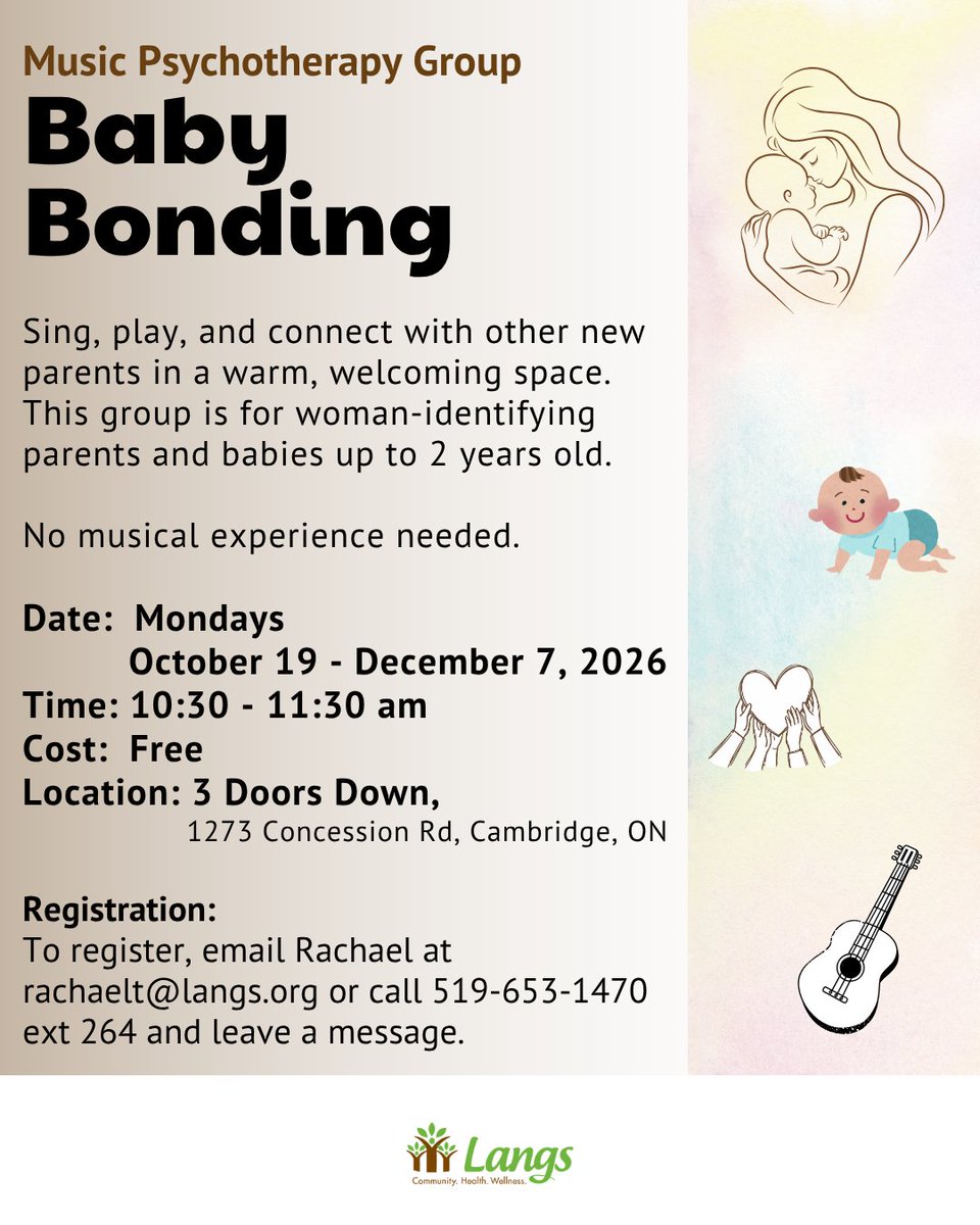 LangsCommunity's tweet photo. Looking to bond with your baby? Join our Music Psychotherapy Group this fall to sing, play, and connect with other new parents and your child. Register by phone or email with Rachael at rachaelt@langs.org or by calling 519-653-1470 ext 264 https://t.co/FwhftTYfYT