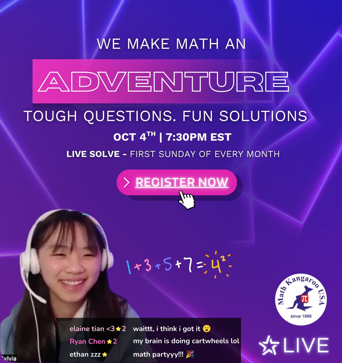 UsaKangaroo's tweet photo. What happens when #MathKangaroo goes LIVE? 🚀
We’re teaming up with @PoShenLoh’s LIVE team for an interactive math event on Oct 4 @ 7:30 PM EST! Solve problems, share strategies, and win a mystery gift! 🎁
Grades 3-5: https://t.co/ojnK76lpCh
Grades 6-8: https://t.co/t0ZTuI371r https://t.co/66RLOvvXZi