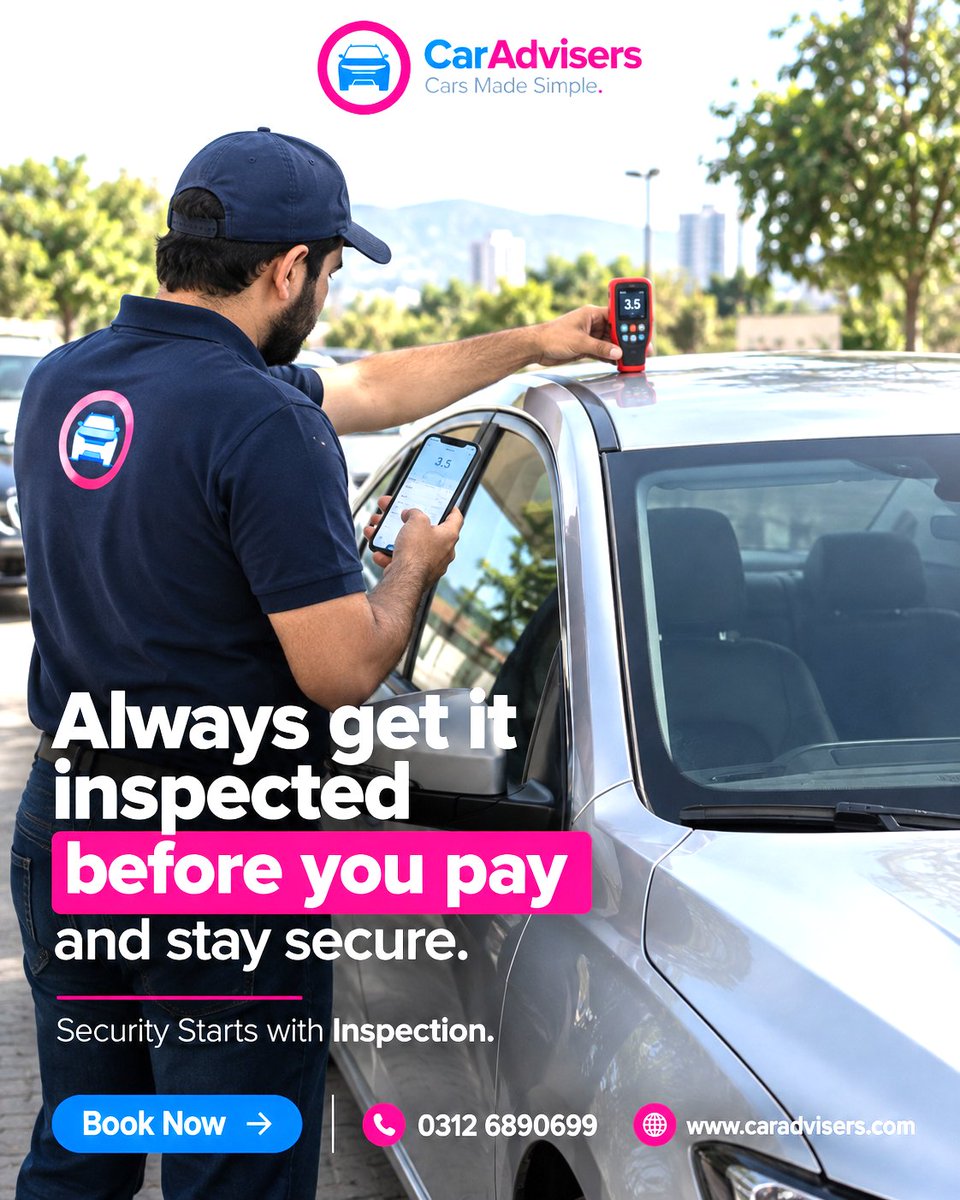 caradviserspak's tweet photo. DON’T JUDGE A USED CAR BY ITS SHINE.
💰 PKR 3,000 — One Price, All Cars
🗓️ Mon–Sun | 9 AM–6 PM
Visit our website, download our app or Call/WhatsApp: 0312 6890699
𝘖𝘶𝘵𝘴𝘪𝘥𝘦 𝘮𝘢𝘪𝘯 𝘤𝘪𝘵𝘺 𝘤𝘰𝘷𝘦𝘳𝘢𝘨𝘦? 𝘊𝘢𝘭𝘭 𝘣𝘦𝘧𝘰𝘳𝘦 𝘣𝘰𝘰𝘬𝘪𝘯𝘨.
#CarInspection #CarAdvisers https://t.co/DkA6mFcO5o