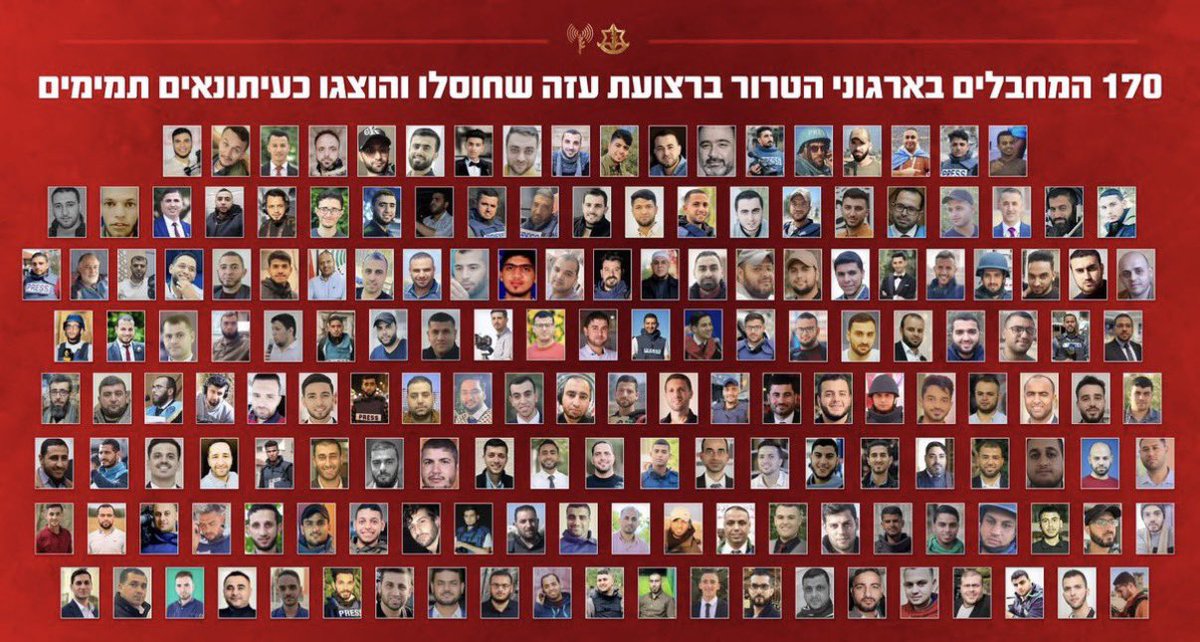 EYakoby's tweet photo. BREAKING: Israel has just released a full list, with concrete evidence that 170 ‘journalists’ killed in Gaza were active terrorists.

118 in Hamas's military wing, 49 in Islamic Jihad, two were members of the PRC, and one was part of the Mujahideen Brigades. https://t.co/TULF57MkxE