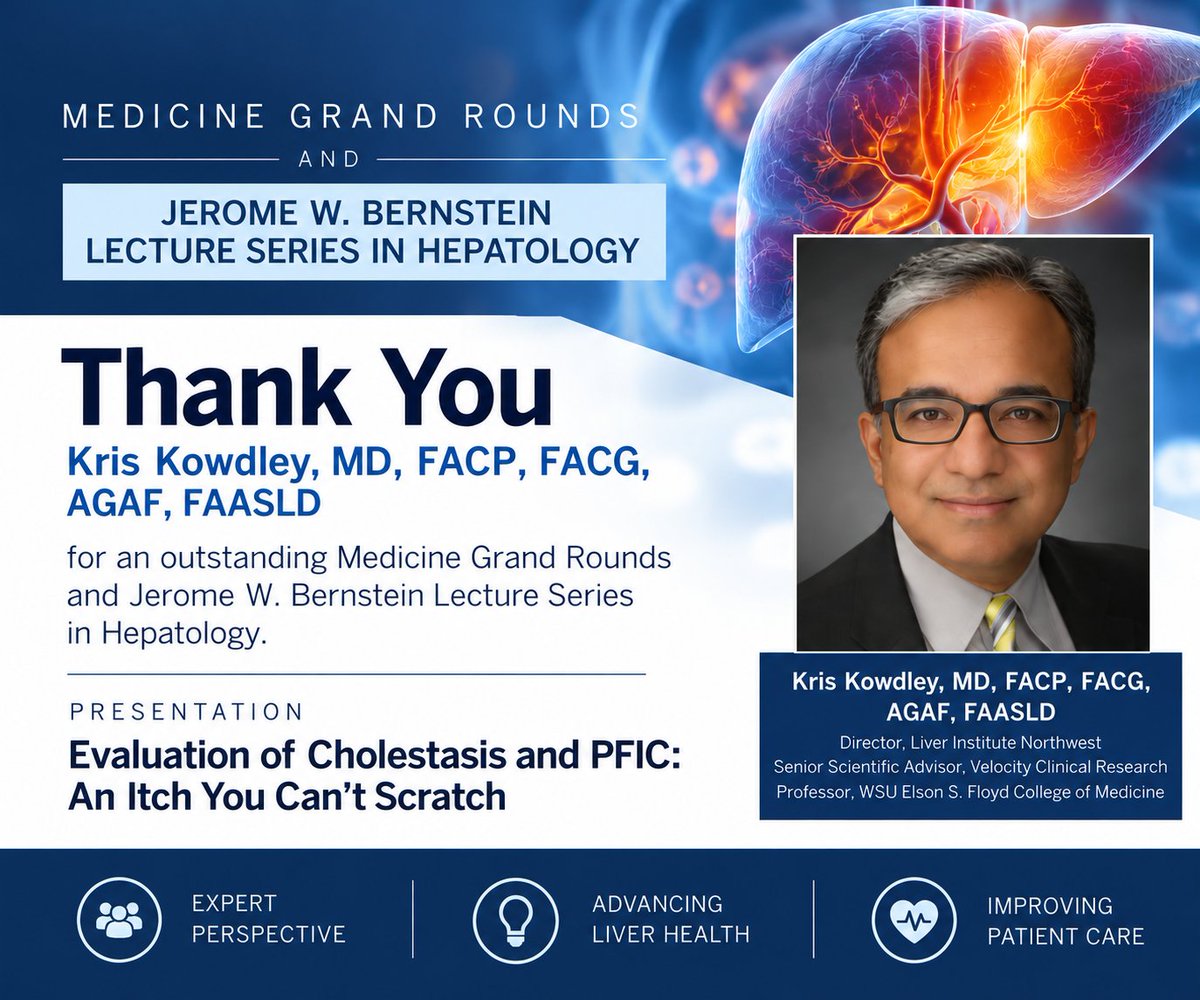 Northwell_Med's tweet photo. An outstanding #MedicineGrandRounds and Jerome W. Bernstein Lecture Series in Hepatology today, moderated by @JulieSchwartzm6.
Thank you to Dr. Kowdley for sharing his expertise on “Evaluation of Cholestasis and PFIC: An Itch You Can’t Scratch.” #NorthwellMedicine @sanjaysaint https://t.co/3HMMV8xQUi