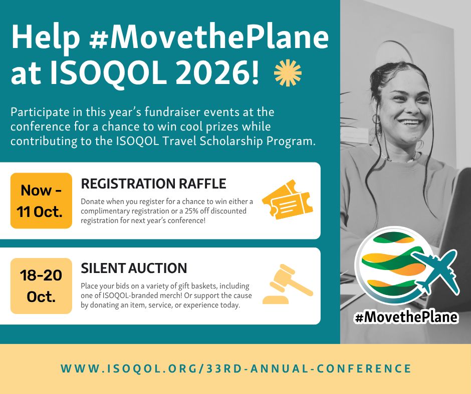 ISOQOL's tweet photo. Don't forget: entries to the #MovethePlane Registration Raffle close on 11 October! Donate $25 or more for the chance to win a complimentary registration for #ISOQOL 2027, all while supporting the Travel Scholarship Program.

Donate during registration! https://t.co/uqYlEFnQKv https://t.co/Hdu7IuZL6w